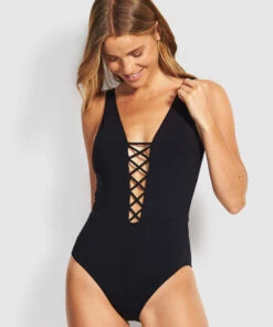 Seafolly Ladies Active Lace Up One-Piece Black
