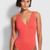 Seafolly Ladies Sea Dive Deep V Neck One Piece Fiesta coral
