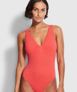 Seafolly Ladies Sea Dive Deep V Neck One Piece Fiesta coral