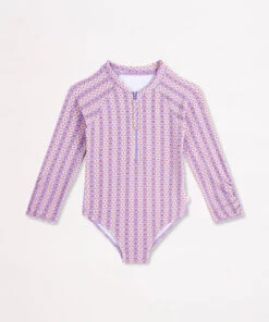 Seafolly Girls Retro Girls Long Sleeve Ruffle Paddlesuit Ditsy stripe