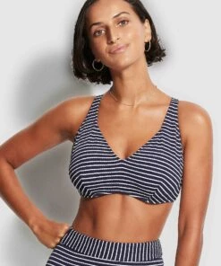 Seafolly Ladies Seaside Stripe F Cup Halter Bra True navy