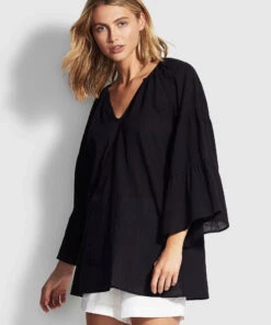 Seafolly Tiered Sleeve Cover Up Black