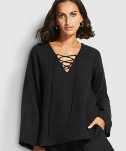 Seafolly Ladies Beach Edit Harbour Linen Top Black
