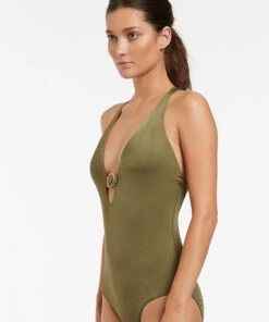 Jets Soleil Cross Back Plunge One Piece Olive -Seafolly Fashion Store J10861 Olive 3