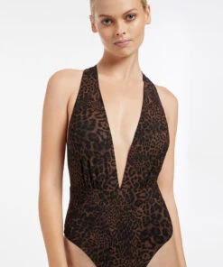 Jets Pantera Plunge Loop Back One Piece Chocolate -Seafolly Fashion Store J10922 Chocolate 3