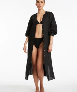 Jetset Shirred Cuff Shirt Dress Black 8 Jetset Shirred Cuff Shirt Dress Black -Seafolly Fashion Store J60843 Black 3