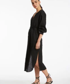 Jetset Shirred Cuff Shirt Dress Black 9 Jetset Shirred Cuff Shirt Dress Black -Seafolly Fashion Store J60843 Black 4