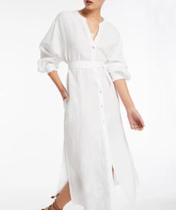 Jetset Shirred Cuff Shirt Dress White